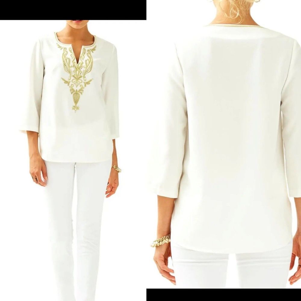 Lilly Pulitzer 0 Resort White Dallas Tunic Top Gold Embroidery Bead